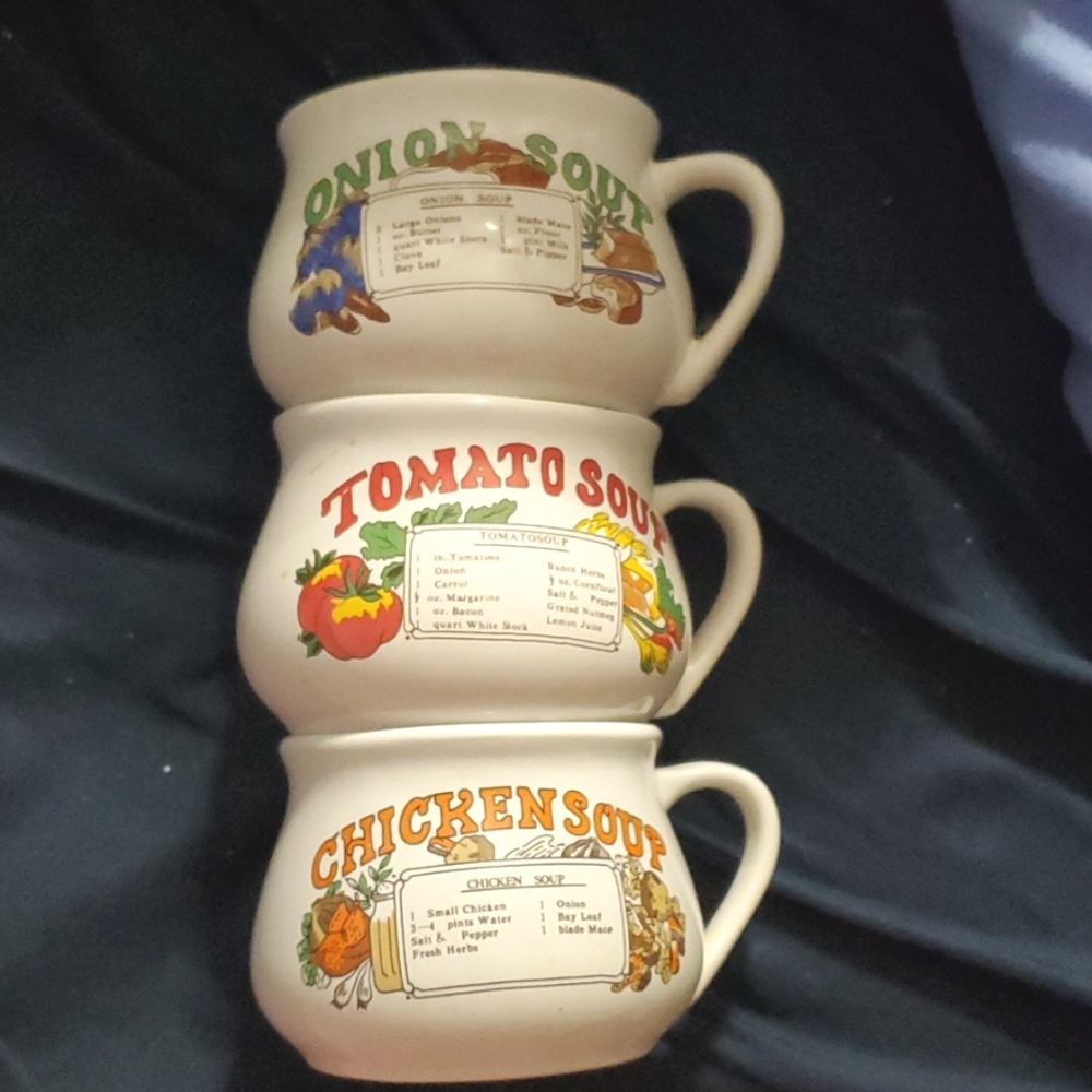 : 3 Soup Recipes Cups mugs bowls ceramic chicken onion tomato